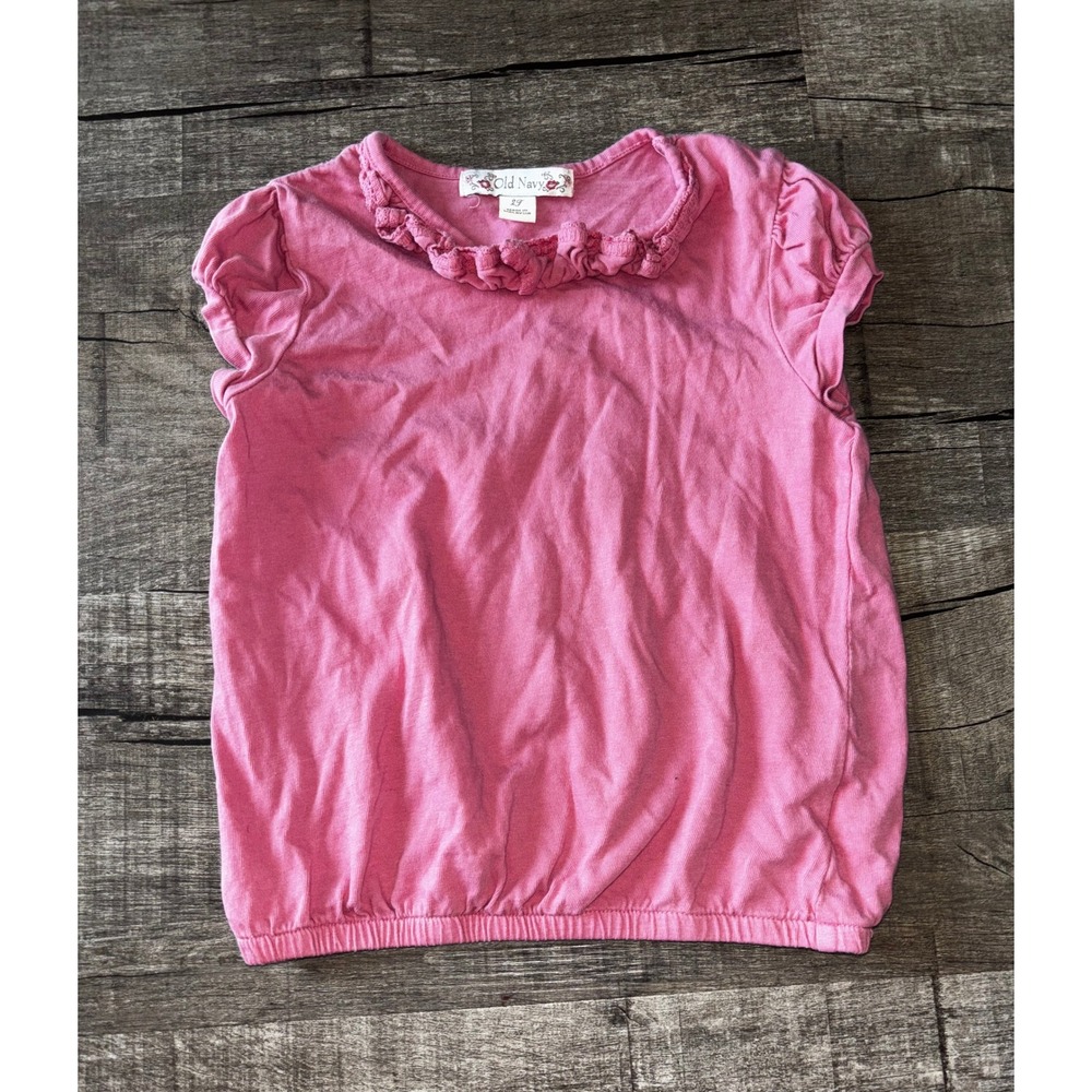 Old Navy Toddler Girls Pink Ruffle Neck Puff Sleeve Cotton Top Size‎ 2T